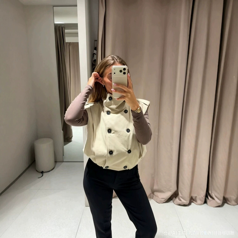 Cross-border stand-up collar double-breasted trench coat for women, British style with epaulet design, loose-fitting short coat for petite women, workwear jacket Cross-border stand-up collar double-breasted trench coat for women, British style with epaulet design, loose-fitting short coat for petite women, workwear jacket