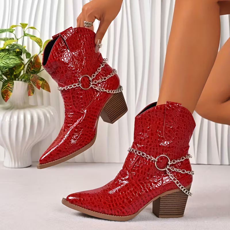 Cross-Border Foreign Trade 2026 European and American High-Heeled Women's Leather Boots, Large Size, Pointed Toe, Buckle, Slip-On, Chunky Heel, New Style Boots
