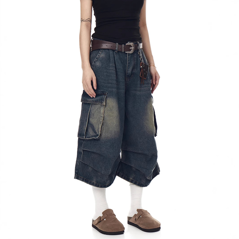 Dressed Wash Tooling Denim Shorts Men's Pleated Large Pocket Abraded Loose Wide-leg Over-the-knee Straight Cropped Pants