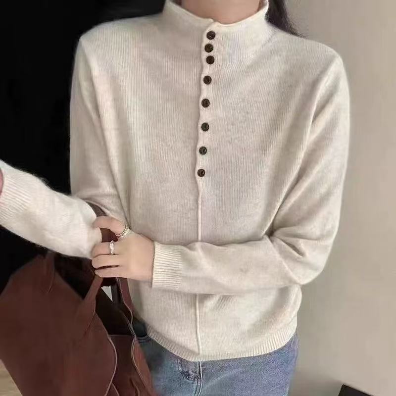 秋冬新款半开扣高领毛衣女加厚长袖针织衫上衣时尚百搭针织衫打底|undefined