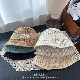 针织花朵钉珠镂空防晒渔夫帽女休闲百搭显脸小时尚出游遮阳帽盆帽