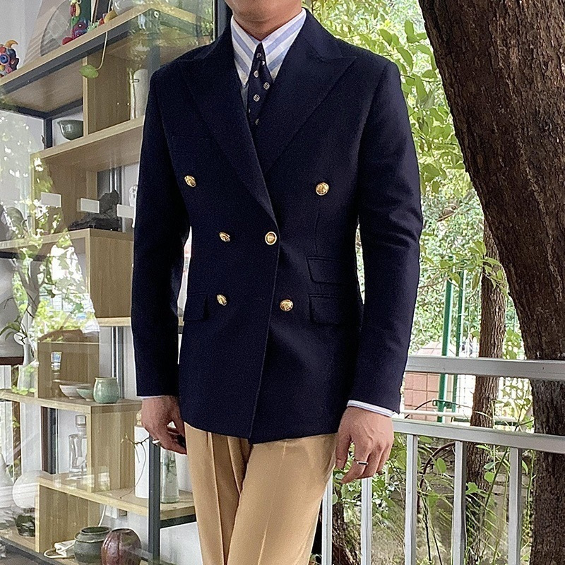 休闲商务金属扣西服布雷泽外套单西双排扣那不勒斯意式西藏青色
