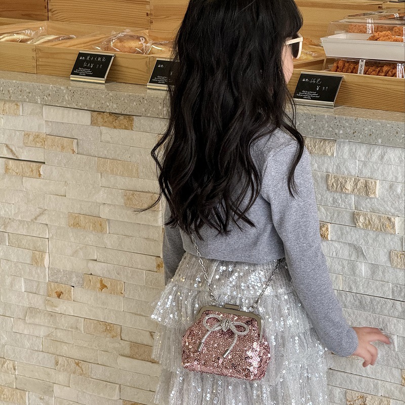 Bolso de hombro de niña con lentejuelas de moda, lindo lazo, clip, mini bolso de mensajero para bebé, nuevo bolso de cadena para niños