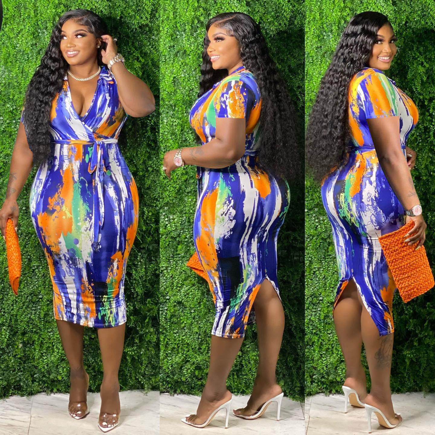 plus size printed lace-up v neck short sleeve slit tight dress NSFH130031