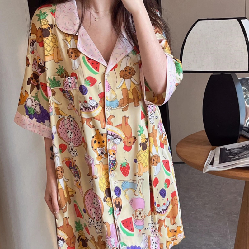 Pijama de seda de verano mujer dulce dulce dibujos animados textura de alta calidad pijama casero acento de cabello