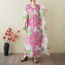 实拍 2025夏季花色度假风旅游V领复古长裙遮肉棉麻连衣裙