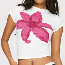 2025夏季新款亚马逊辣妹短袖可爱花朵修身休闲T恤时尚女装