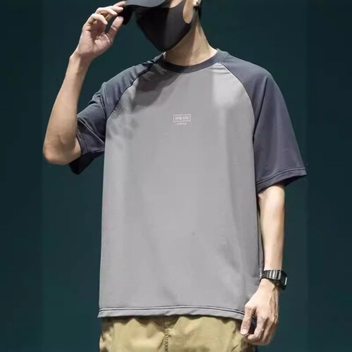 Printed short-sleeved t-shirt, men's summer thin, cool, mesh round collar T-shirt, raglan sleeves, men's sports quick-drying clothes, handsome