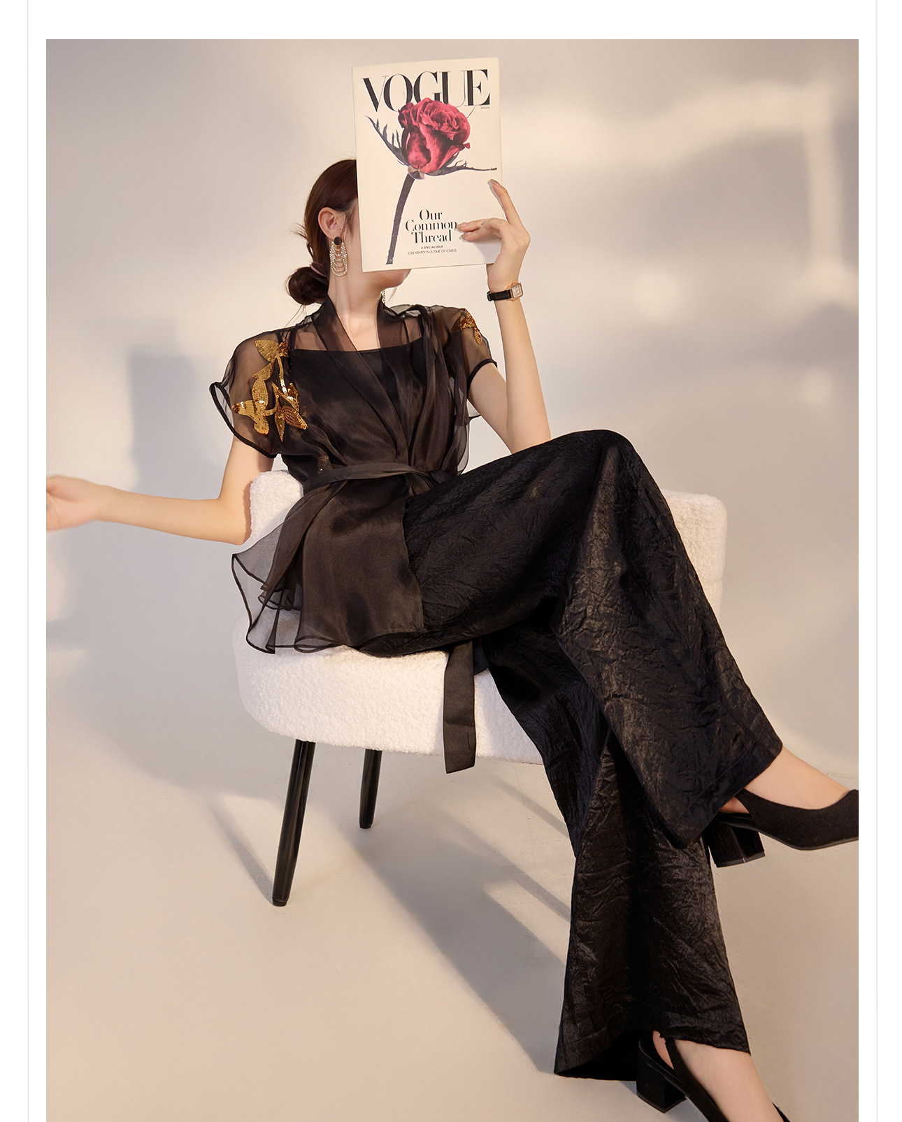 Áo khoác lưới thêu sequin lụa tơ tằm ngắn tay, dáng ôm, phong cách retro nghệ thuật M3084 — Màu đen chi tiết 2