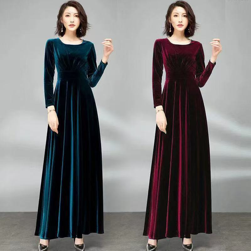 Manufacturer Specializes in Autumn New Velvet Long-Sleeve Dresses for Ladies, Waist-Cinching, Slimming, Elegant, and Flared Long Dresses for Women