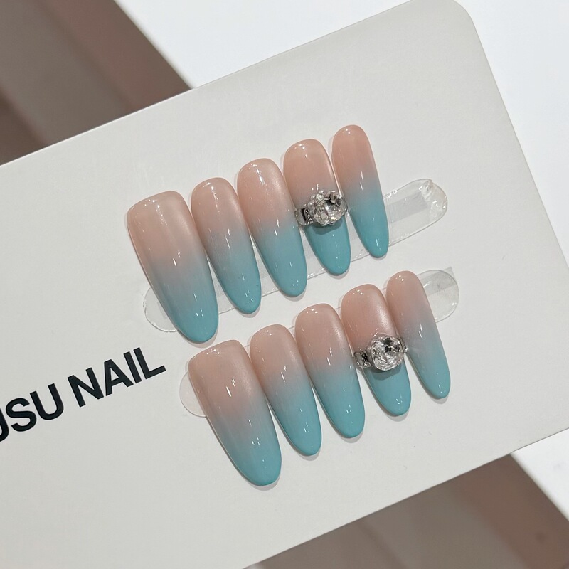 【Sea Salt Mint】Turquoise Green French Gradient Diamond Ring Fashionable Light Luxury Handmade Wearable Nail Removable Nail Stickers 【Sea Salt Mint】Turquoise Green French Gradient Diamond Ring Fashionable Light Luxury Handmade Wearable Nail Removable Nail Stickers