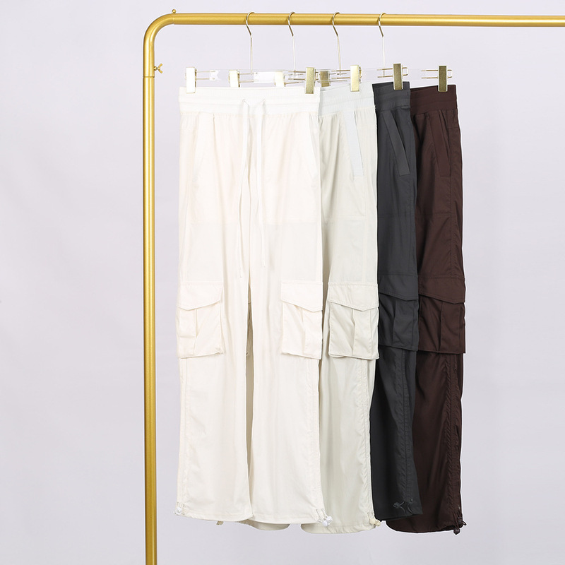 Luoluomu Nude-Feel High-Waisted Drawstring Cargo Pants with Pockets for Women, Loose Fit, Slimming Long Pants for Yoga, Sports, and Fitness