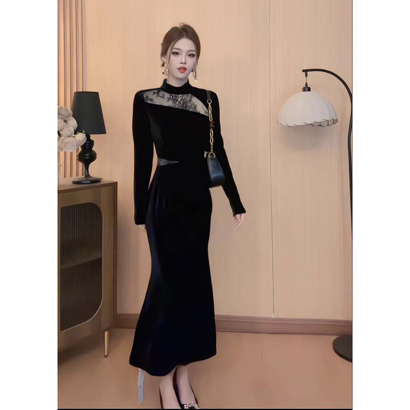Hepburn-Style Black Lace and Velvet Dress, a High-End Gown for Annual Meetings and Important Occasions