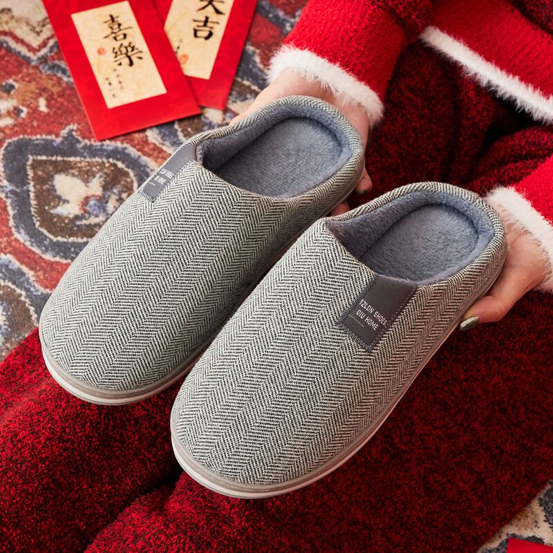 Light luxury Nordic style couple's home cotton slippers for men and women, autumn and winter indoor floor slippers, fleece-lined, warm, thick-soled, non-slip