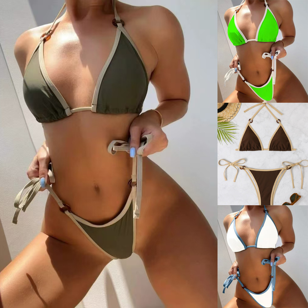 2025 new European and American sexy foreign trade cross-border solid color split bikini strap ladies swimsuit manufacturers wholesale