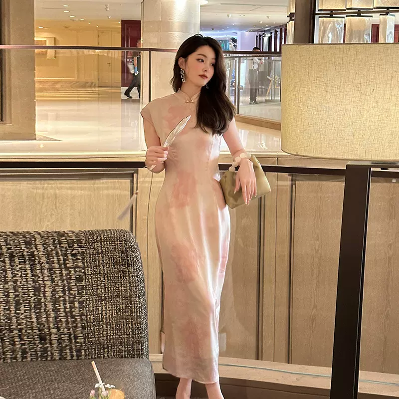 25年春款漫漫香云纱新中式旗袍连衣裙晕染浪漫花色收腰气质裙子