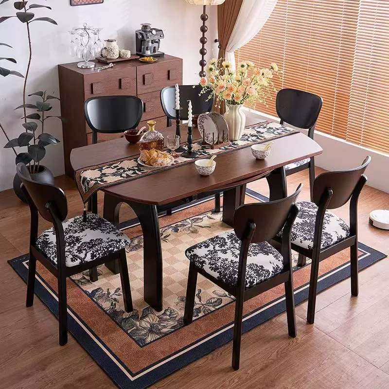 中古风方圆两用白蜡木纹饭桌中式家用可伸缩折叠跳台吃饭餐桌椅