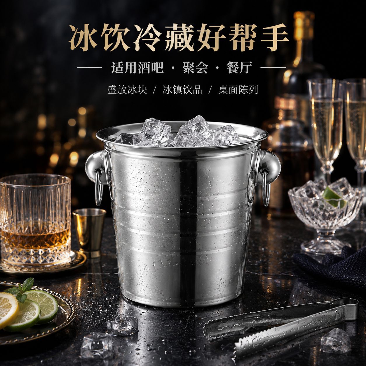 Acero inoxidable tigre grueso transfronterizo 410 barril de hielo KTV bar de champagne barril de hielo comercial creativo de dos orejas barril de hielo