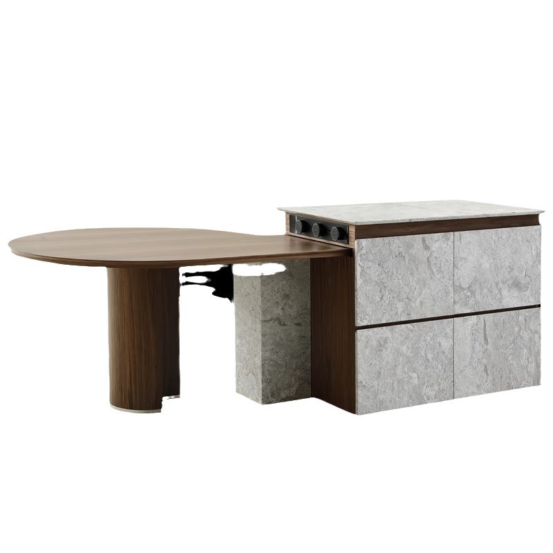 Mesa de comedor de plataforma de isla Mesa de comedor de nogal retráctil para el hogar Mesa redonda de caída Mesa de comedor de alta gama más mesa de guía circular