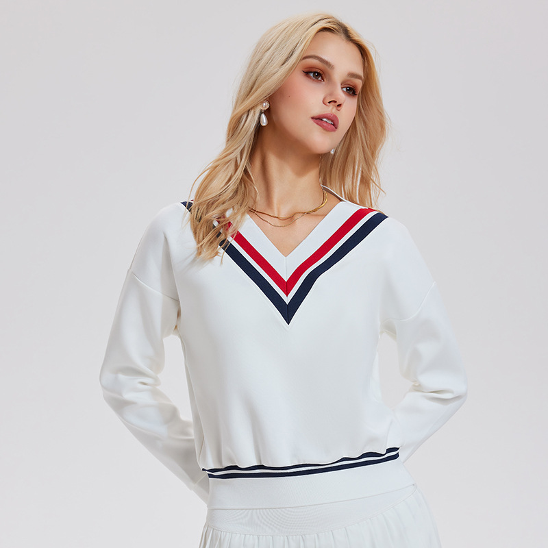 Caijue transfronterizo amazon camiseta deportiva femenina estilo americano retro relajado mangas largas de cuello en V de bádminton ropa de tenis femenina