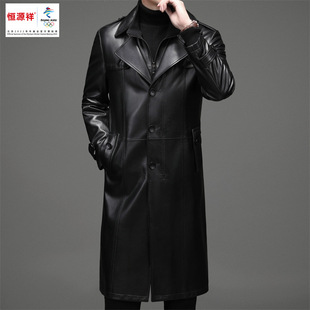 Hengyuanxiang Men's Mid-Length Leather Jacket for Spring and Autumn, Fleece-Lined and Thickened Trench Coat, Trendy Sheepskin Leather Jacket