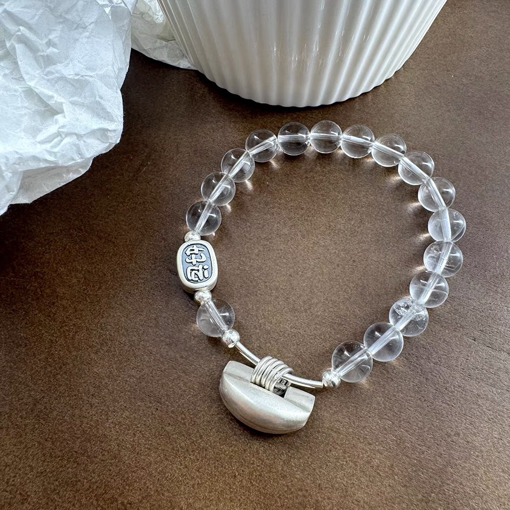 Korean Version 999 Pure Silver Small Lock Good Luck Bracelet 8mm White Crystal Fashion Women's Bracelet Fashion Light Luxury High-End Feel