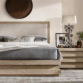 美式乡村现代简约创意设计实木双人床法式橡木软靠卧室别墅样板房