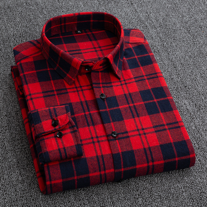 Plaid Casual Long-Sleeved Shirt for Men, Slim Fit Men's Shirt, Student Spring and Autumn Top, Red and Black Short-Sleeved Shirt