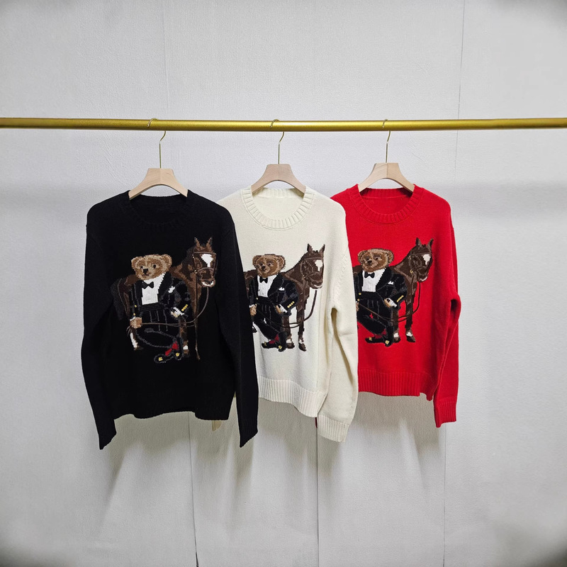 Foreign Trade Autumn and Winter Style Heavy Embroidery Wool Cartoon Bear Round Neck College-Style Age-Reducing Sweater Unisex