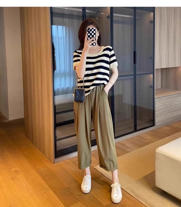 Quần dài ống đứng nữ vải lụa băng mỏng mùa hè, dáng suông thoáng khí, cỡ lớn cho người mập — 9 phân mẫu mỏng màu đen chi tiết 14