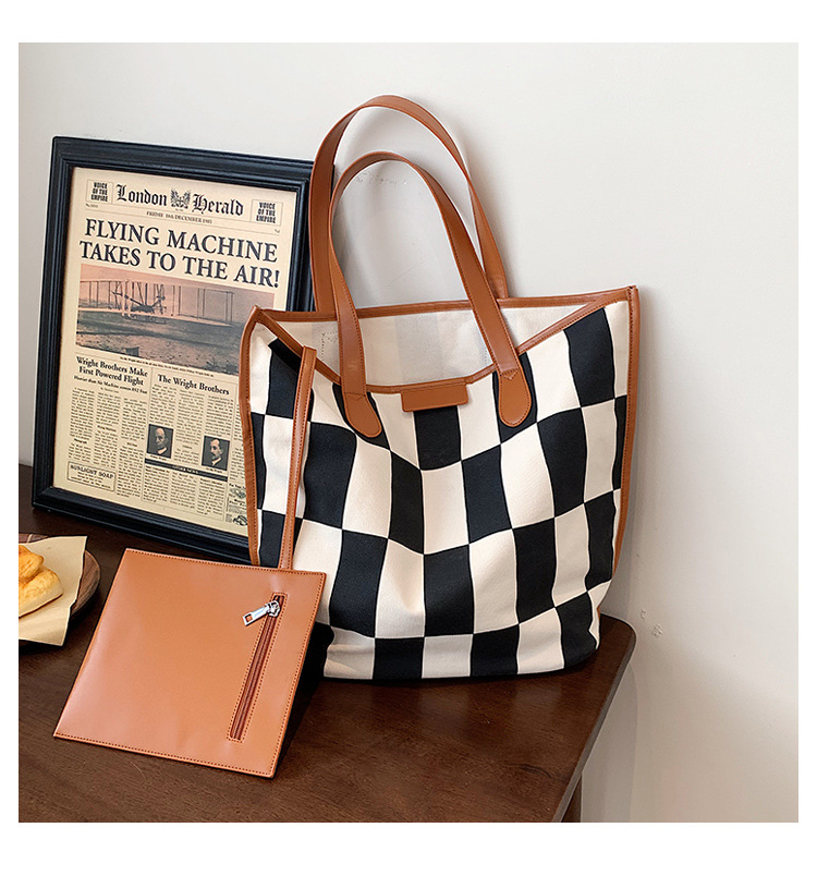 Fashion Large-capacity Canvas Shoulder Tote Checkered Bag Wholesale Nihaojewelry display picture 12