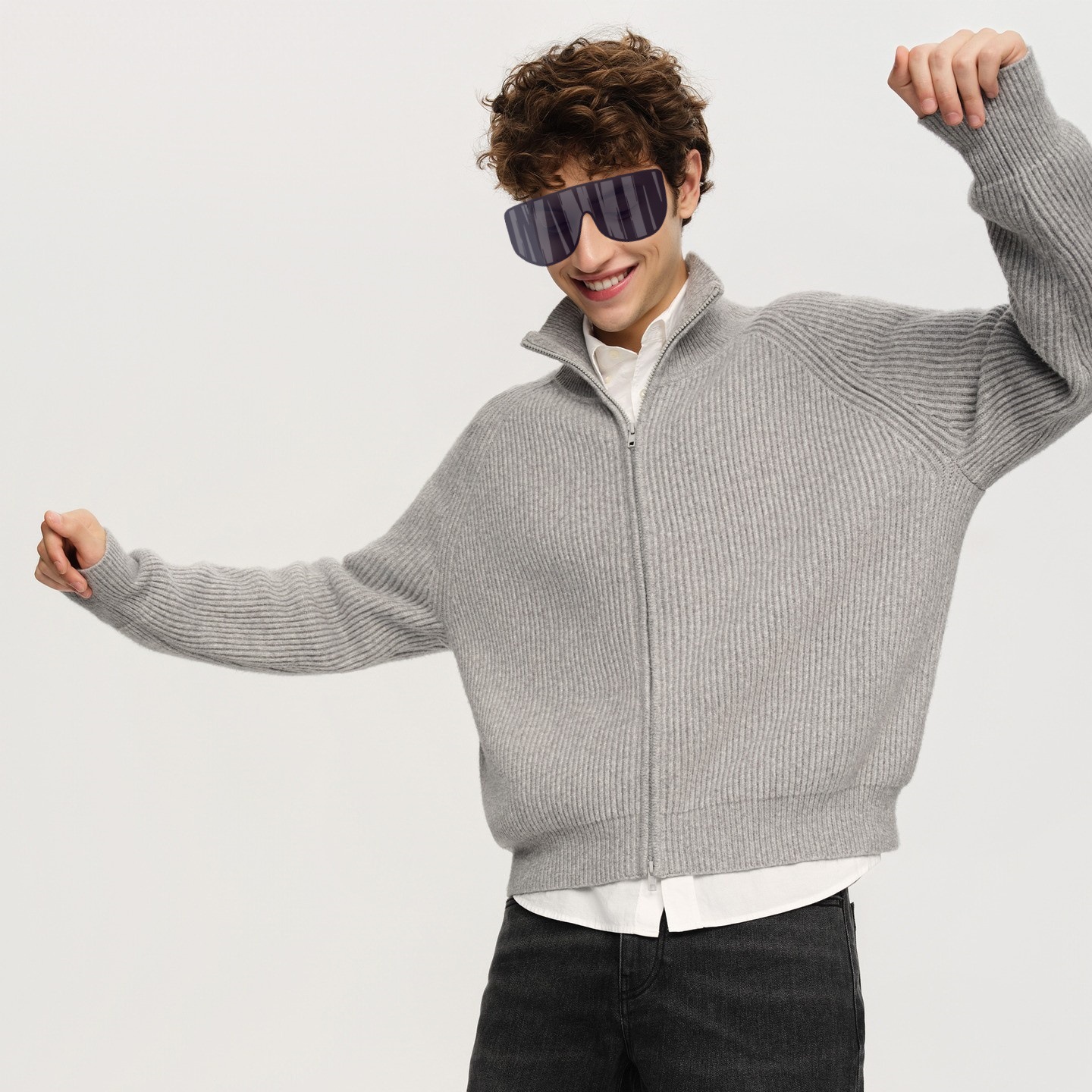 Unisex Zip-Front Knit Sweater – Oversized Drop-Shoulder Cardigan With Stand Collar (Polyester Fleece, Grey/Black, M-3XL)_voghion.com