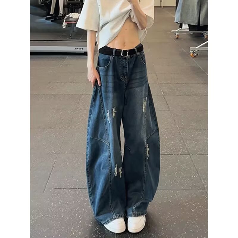 美式复古廓形弯刀牛仔裤男款春夏季潮牌宽松解构阔腿休闲长裤男装|undefined