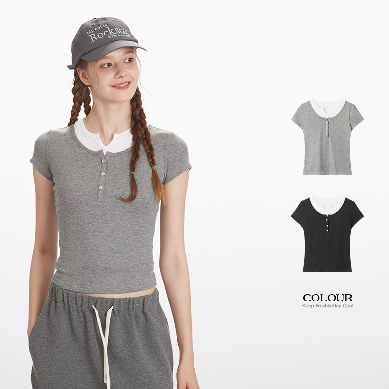 Heyhenry American Sexy Fake Two-Piece Tight Short-Sleeved T-Shirt Women's Summer Fashion Design Niche Inner Top