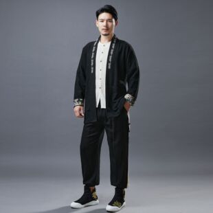 Men's ancient pattern linen Chinese style coat embroidered flower retro loose coat casual cardigan Hanfu factory wholesale