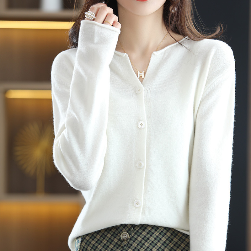 100 Pure Cardigan Women's Short Curled Round Neck Loose Sweater Jacket Large Size Knitted Outer Korean Style Spring & Fall