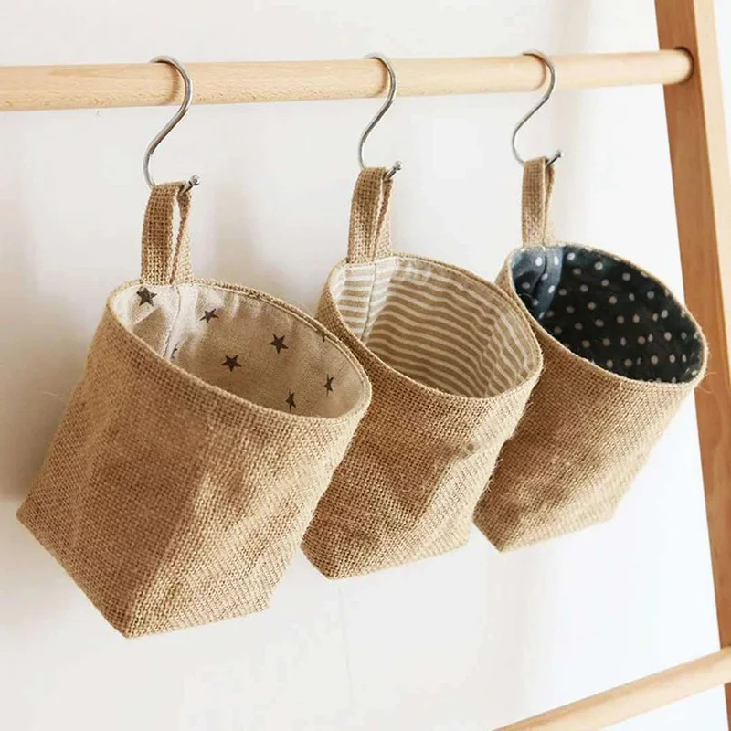 Japanese-style Cotton and Linen Storage Basket Foldable Decorative Dustbin Multi-lined Door Rear Hanging Toy Key Storage Bag