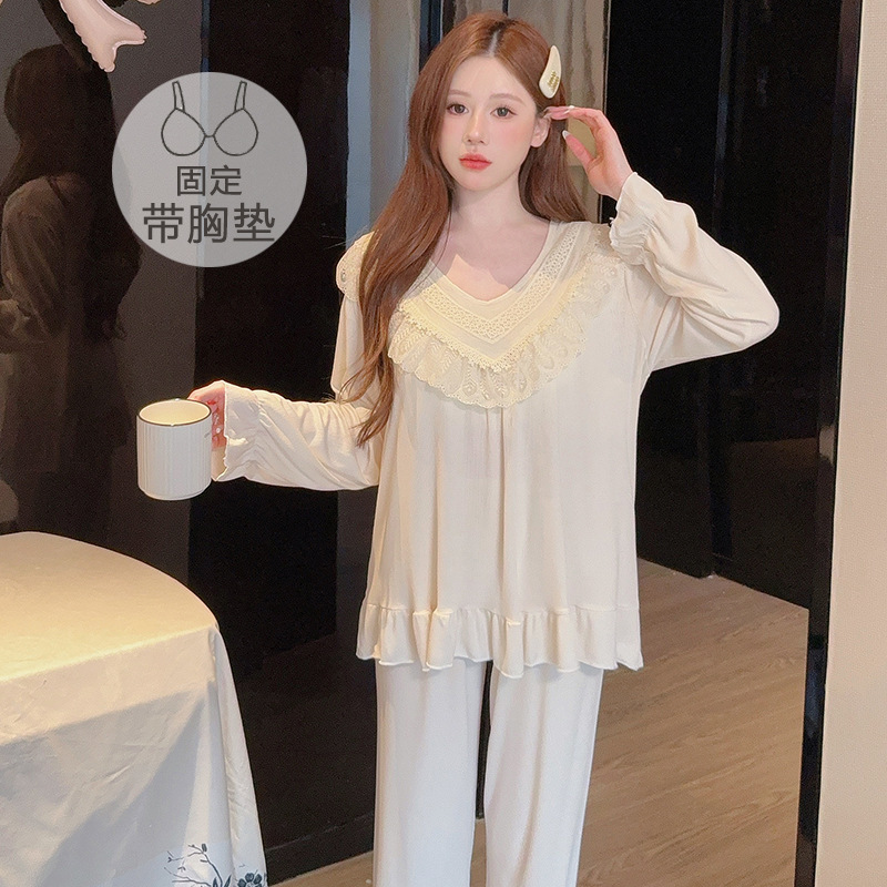 Foreign Trade Cross-Border Plus Size 125kg Wholesale Pajamas with Chest Pads, V-Neck, Sweet Lace, Long Sleeves, Can Be Worn Outside