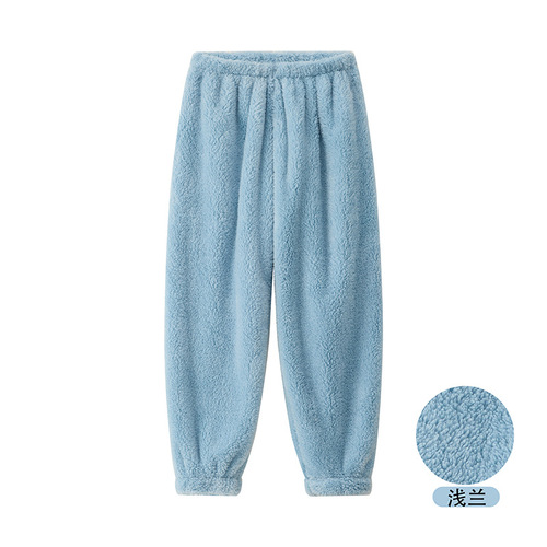 Cartoon pajama set home pants solid color sleep pants long fur comfortable cotton flannel warm drawstring autumn and winter thickening unisex long pants with additional padding
