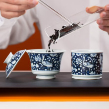 手绘元青花一鹭莲升二才盖碗直筒杯单杯主人杯不烫手盖碗泡茶碗