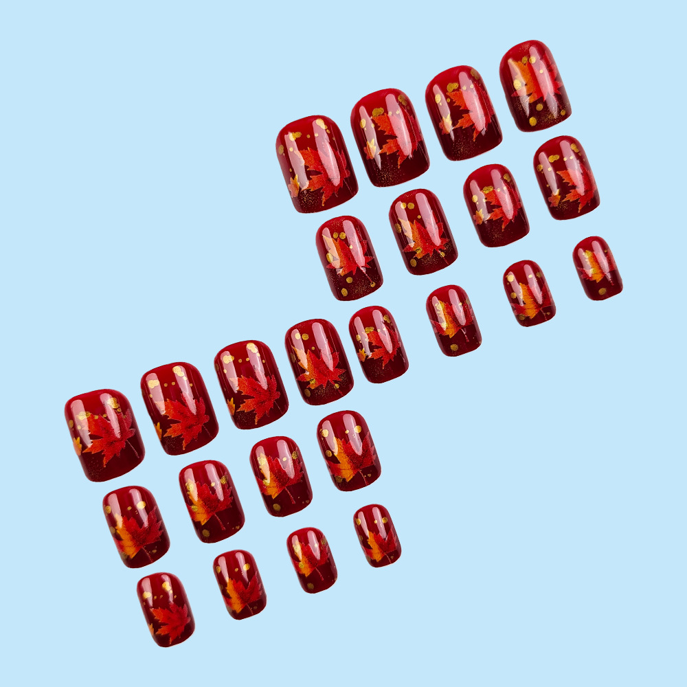 Comercio extranjero venta más alta de hojas de arce rojo oscuro vestir uñas de estilo europeo y americano brillante cara uña falsa 24 piezas de manicure de otoño y invierno image 4