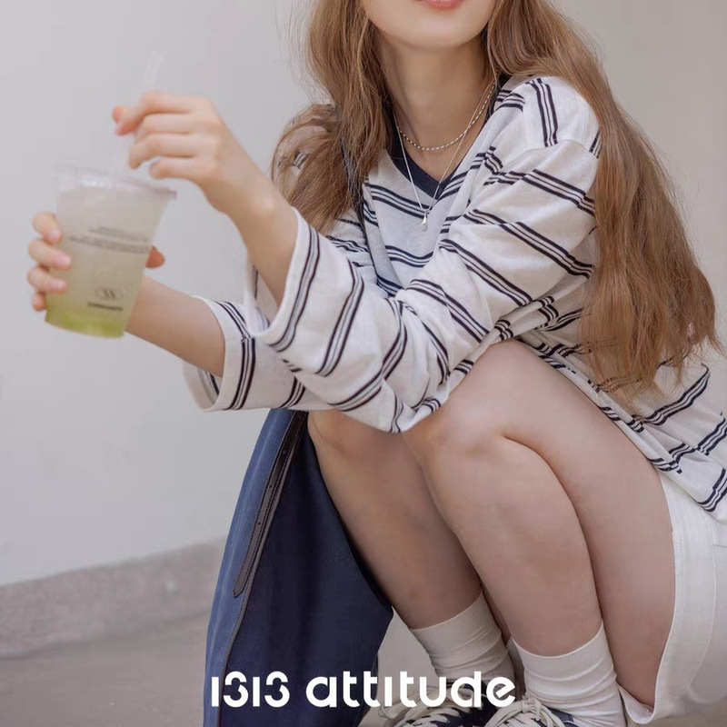 1313 Lazy Dark Blue Stripesd Lyocell Thin Sun Protection Blouse Long-Sleeved Loose Breathable T-Shirt