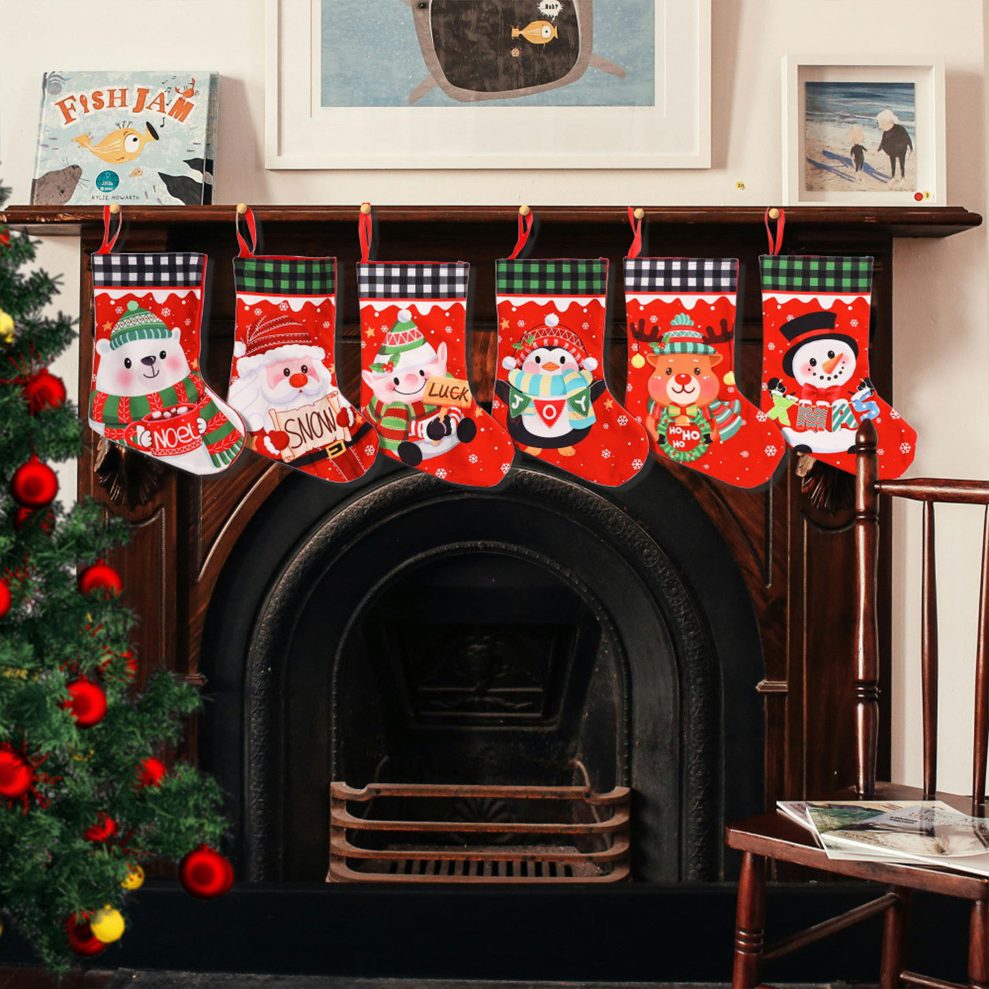 Tatil Dekorasyonu İçin Şenlikli Noel Çorapları - Ekose Desenli Noel Baba, Kardan Adam ve Elf Hediye Çantası Seti (6 Benzersiz Tasarım, Yumuşak Kumaş)_voghion.com