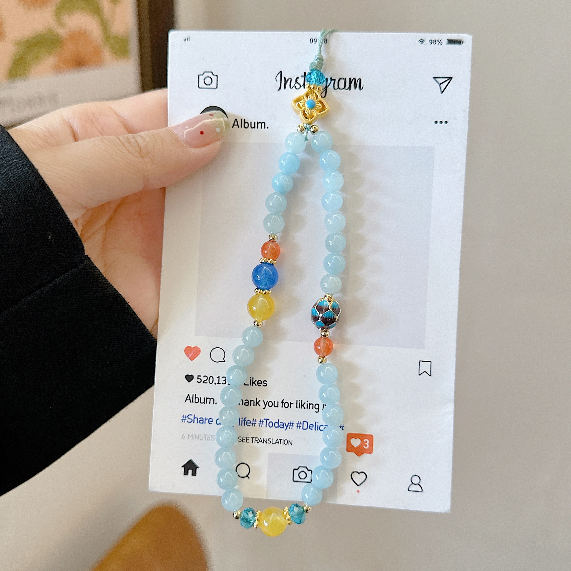 Cadena de teléfono móvil de alta gama hecha a mano boutique, piedra de ágata natural cloisonné, cordón de teléfono móvil de moda, colgante de cadena corta