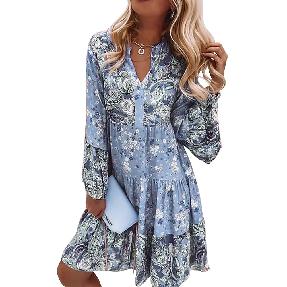 Regular Dress Dresses Type Bell Sleeve Sleeve Type Polyester Fabric Type Wholesale Women'S Pastoral Printing Flower Street V Neck Nine Points Sleeve Regular Dress