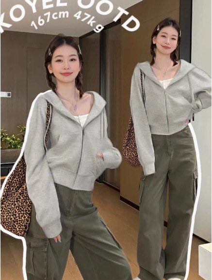 灰色短款连帽卫衣拉链初秋外套女春秋修身小个子韩系开衫上衣秋季|undefined