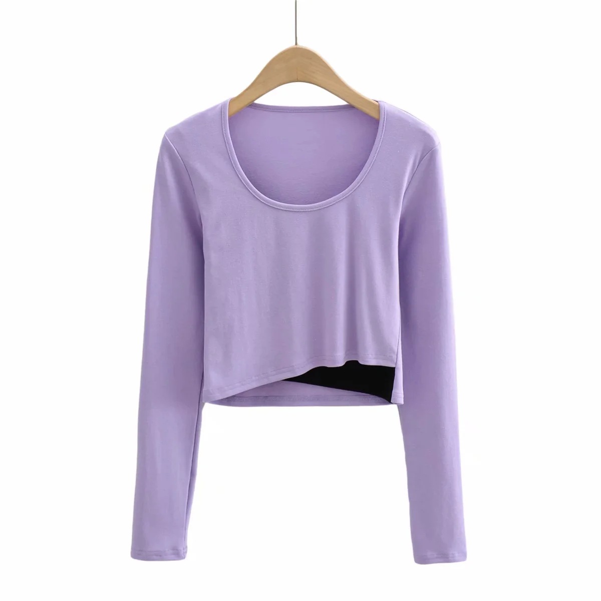 U-neck splicing long sleeve crop top NSHS46715