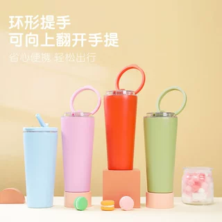 工厂新款陶瓷覆层内胆保温杯定制 可翻环形提手吸管杯高级感小众