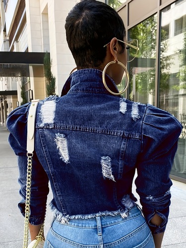 Women's Distressed Denim Jacket Casual Black Cropped Jean