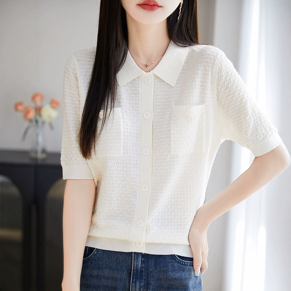 High-end summer short-sleeved lapel knitted cardigan women's small-style elegant thin top polo collar